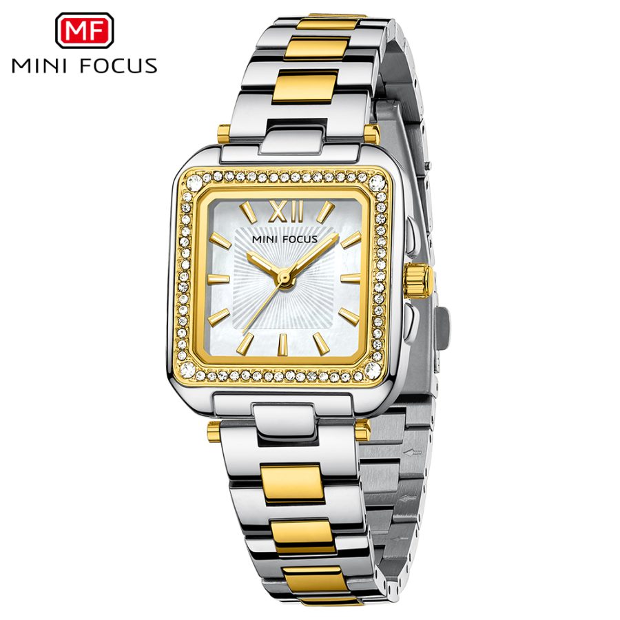 Γυναικείο τετράγωνο Μεταλλικό ρολόι με πέτρες Mini Focus MF0619L-4